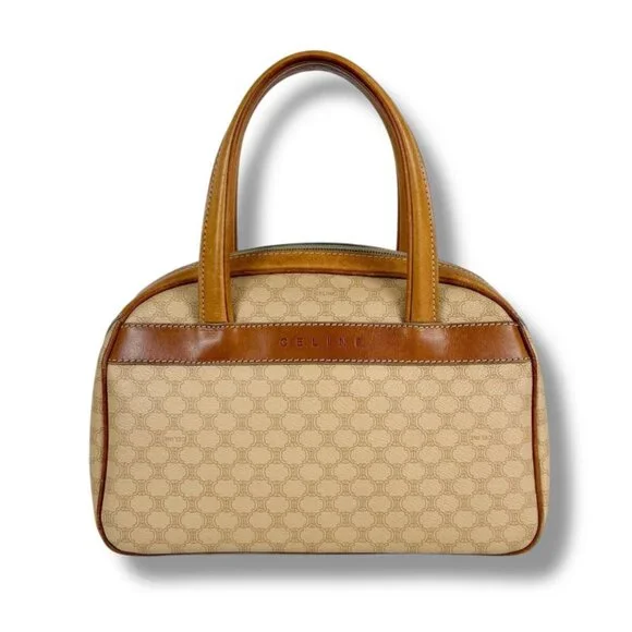 Celine Mini Boston Bag Top Handle Bag Macadam Pattern Beige Vintage - Picture 1 of 10